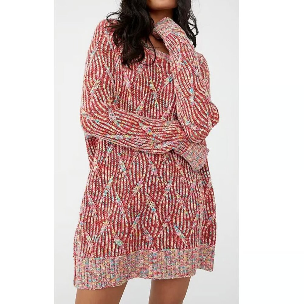 Free People Rainbow Red Retro Crochet Cable Knit Relaxed Long Sleeve Sweater M